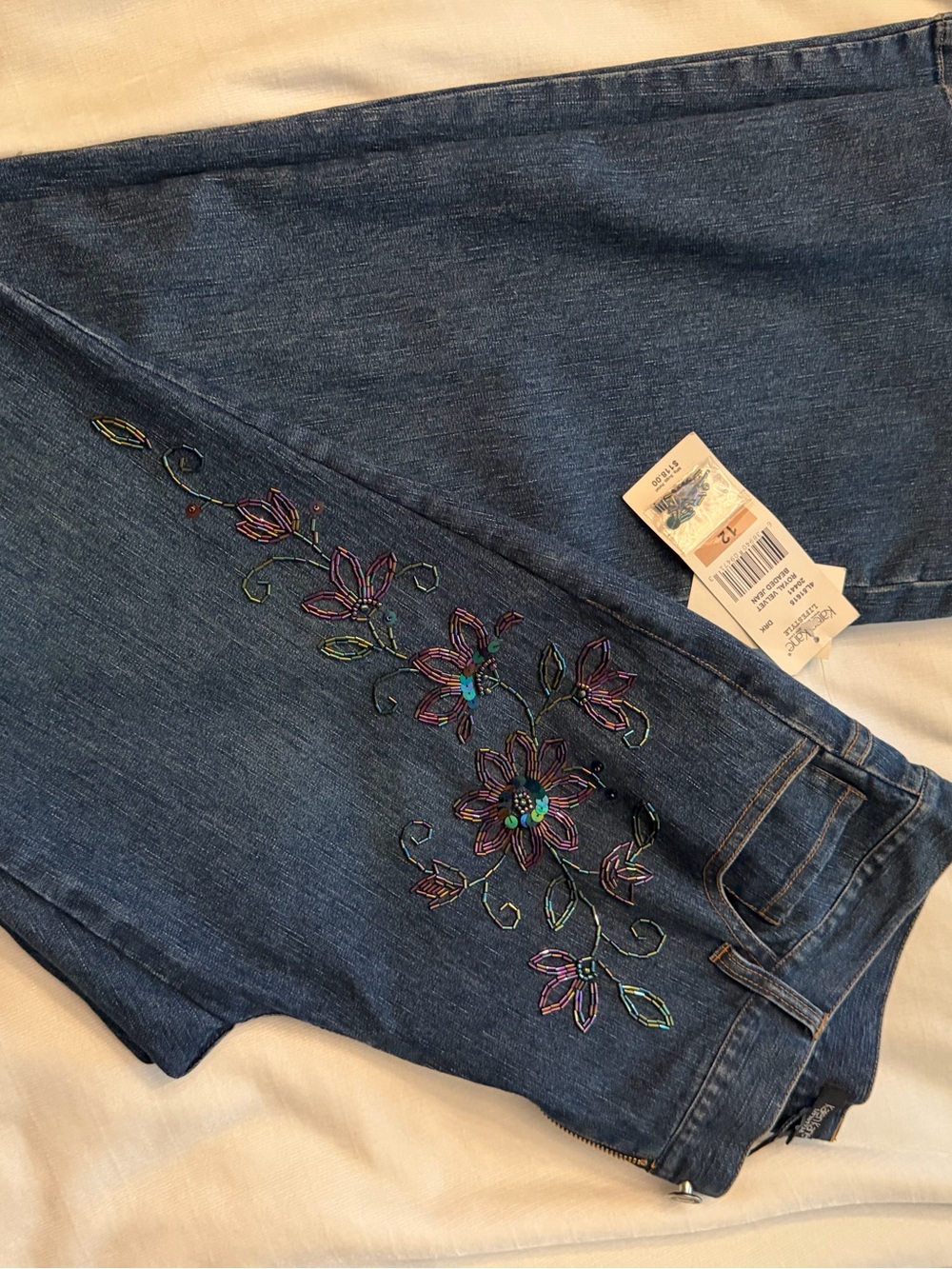 Karen Kane Dark Blue Bootcut Jeans with Multicolor Floral Embroidery